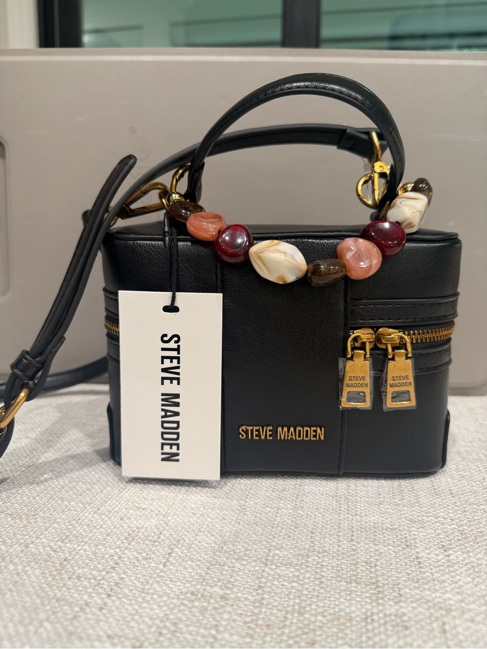 Steve Madden Black Leather Mini Bag with Multicolor Beaded Handle